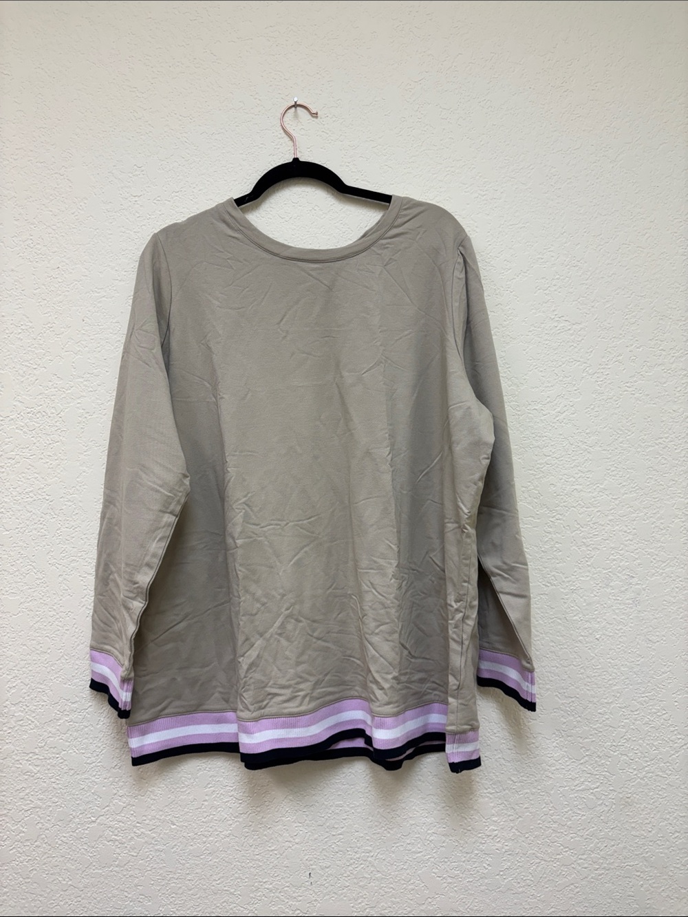 Taupe Long-Sleeve Sweatshirt with Pink Stripe Hem